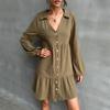 YYFS Women's Fashion Solid Color Print Long Sleeve POLO Neck Casual Dresses