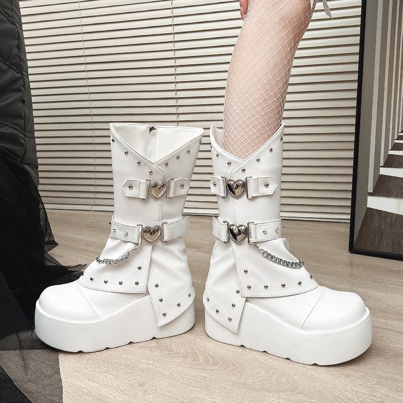 Petit Heightened Wedge Heel Boots Autumn New Round Toe Studded Metal Buckle Side Zipper Platform Non-Slip Mid-Tube Boots