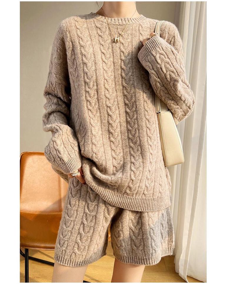 2022 Fall/Winter Women's 100% Wool Casual Knit Sweater & Cashmere Sweatshirt Set