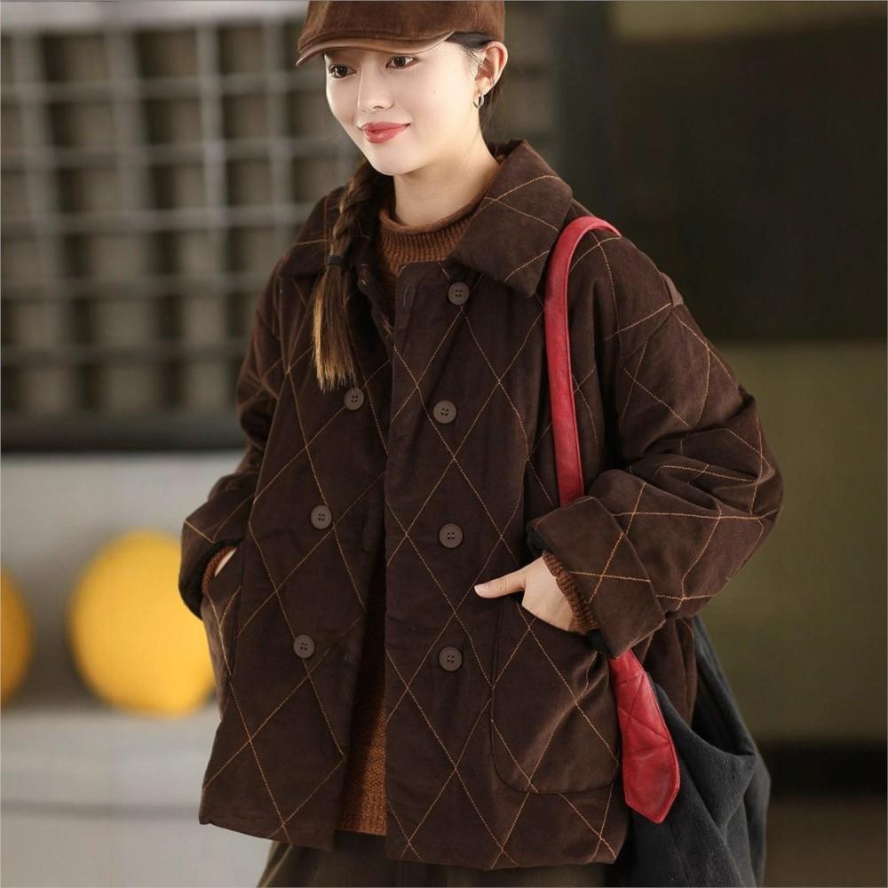 Johnature Women Vintage Turn-dwon Collar Long Sleeve Winter Coats Button Patchwork Pockets Coats