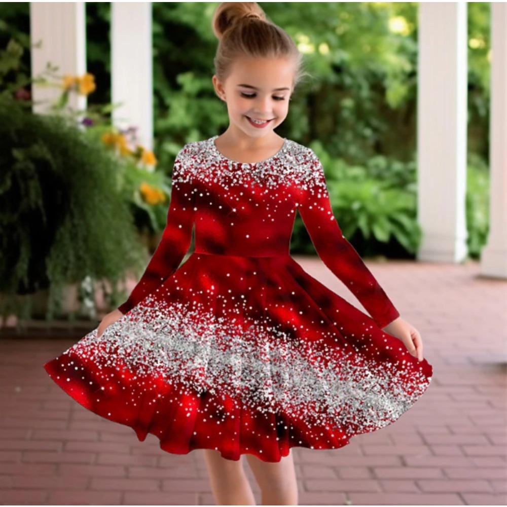 Mädchen Lässiges 3D-Blitzmuster-Print Rundhals-Langarmkleid Kinder Prinzessinnenkleid