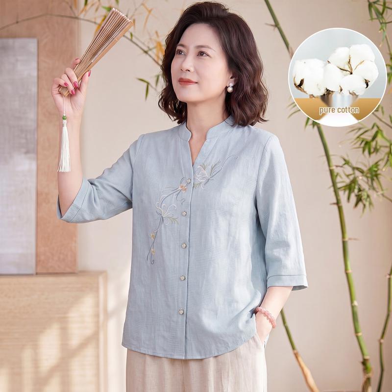Yuzhaolin New Chinese Style Embroidered Stand Collar Cotton Top 5XL