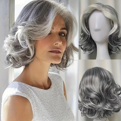 Elegant 20cm Silver & Grey Wavy Wig for Women - Mixed Gray, Fluffy Synthetic Hair with Body Wave, Natural Look Daily Costume Old Lady Wig