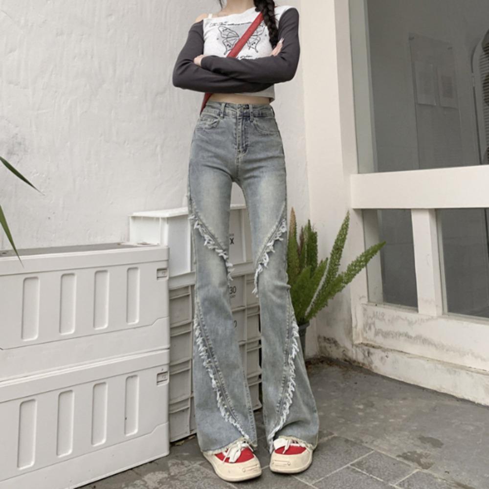 Street tassel rough edge splicing high waist micro pull jeans spring and autumn new slim flared horseshoe jeans