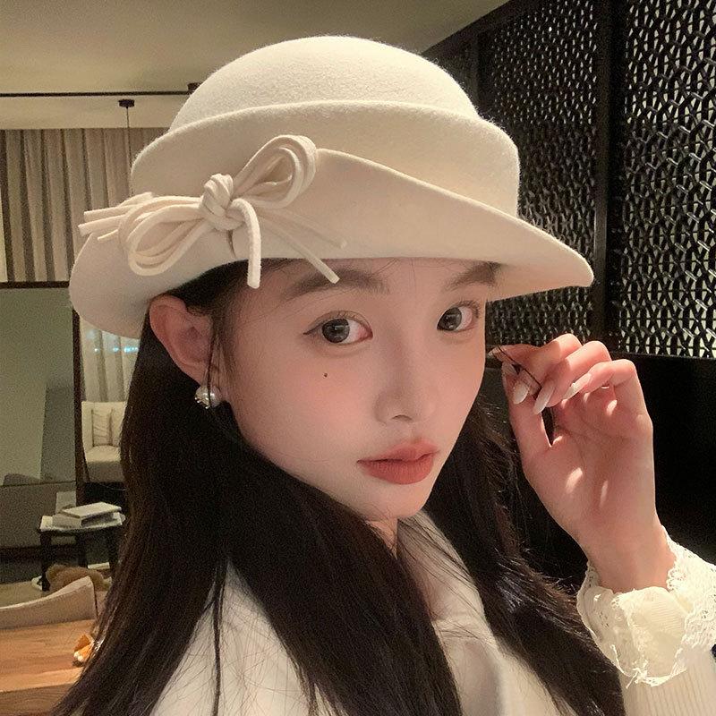 Pärlrosett Ullhatt Dam Ny Höst och Vinter Fiskarhatt Hög Vikt Australisk Ull Uppfällbar brätte Hatt