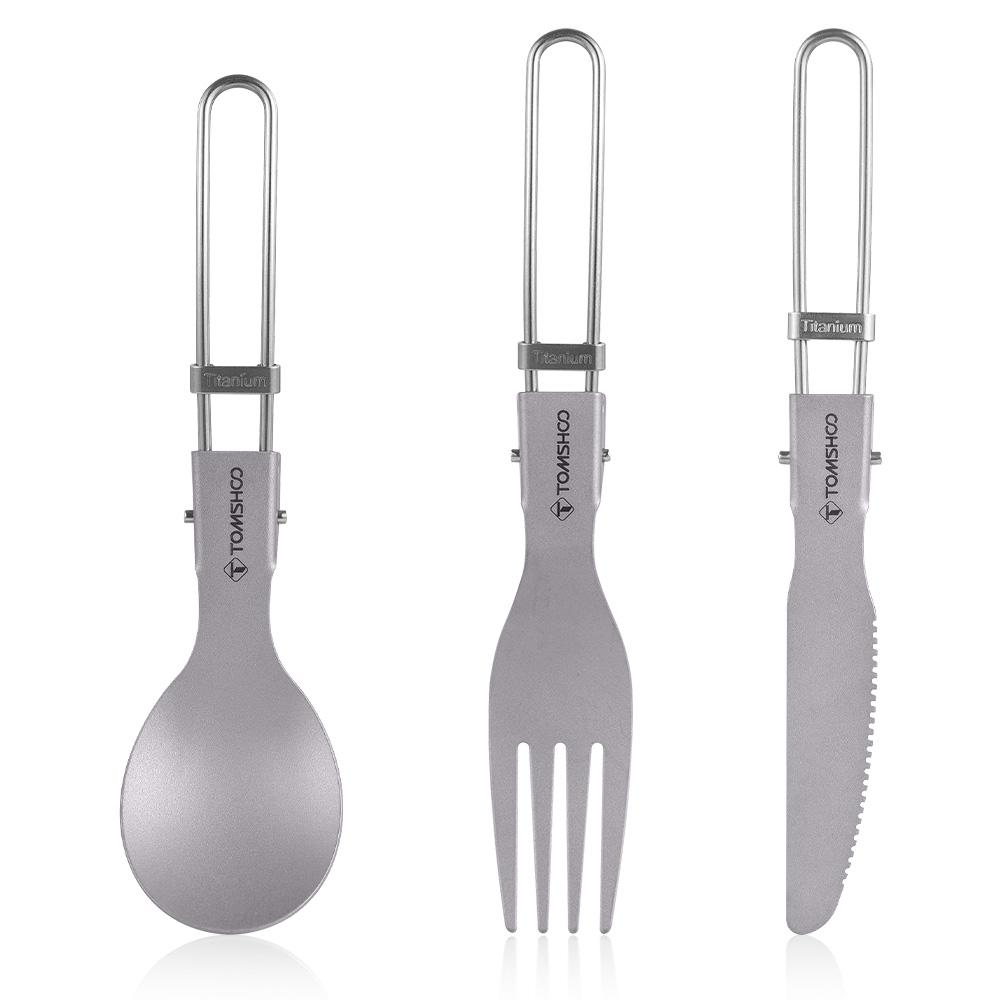TOMSHOO Titanium Flatware Knife Fork Spoon Set Lightweight Ti Camping Utility Cutlery Set with Carrying Bag for Traveling Picnic