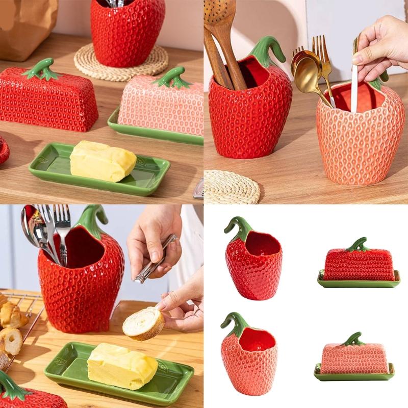 Strawberry Look Kitchen Butter Dish with Bright Finish for Meal Table Styling, Smooth Feel, and Household Serving Use