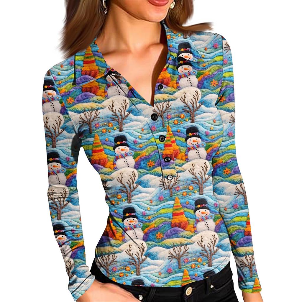 Damenmode Lässig Bedrucktes V-Ausschnitt Langarm Knopfleiste Oberteil