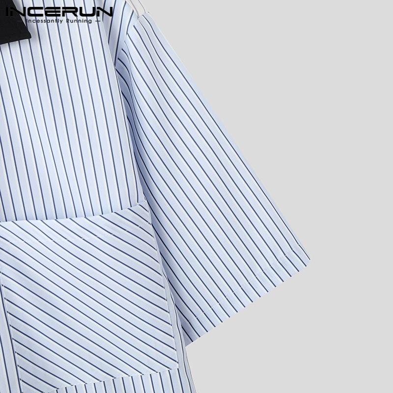 INCERUN Men Summer Oversized Short Sleeve Patchwork Striped Buttons Casual Shirts Tops