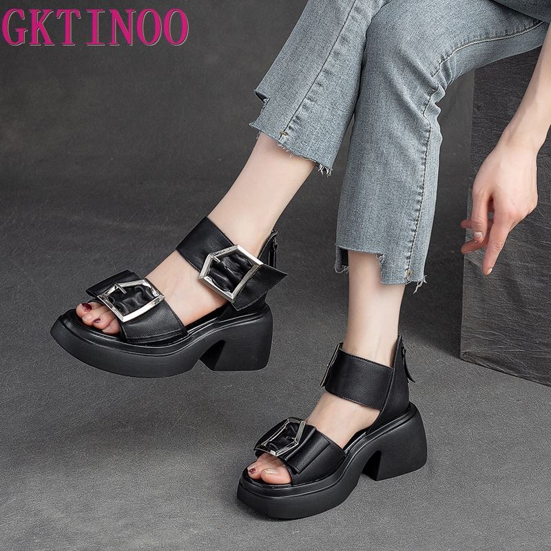 Mode GKTINOO Knöchelriemen Sommer Mode Damen Sandalen Offene Zehen Plateau Schuhe Hohe Dicke Absätze Weiblich Schwarz Einzigartige Party Schuhe 35-40