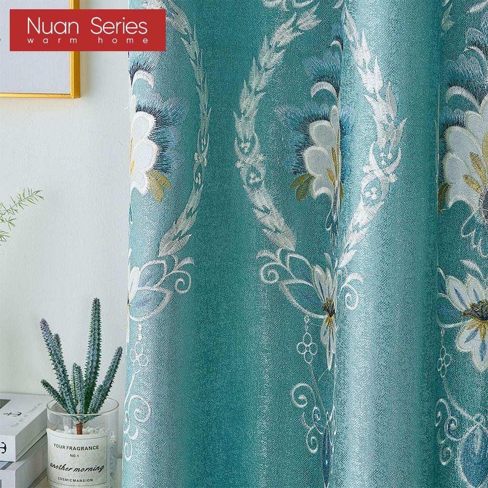 1PC Exotic Luxury Semi Blackout Blue Embroidered Blackout Curtains for Living Room Bedroom Home Decor Nuan Series