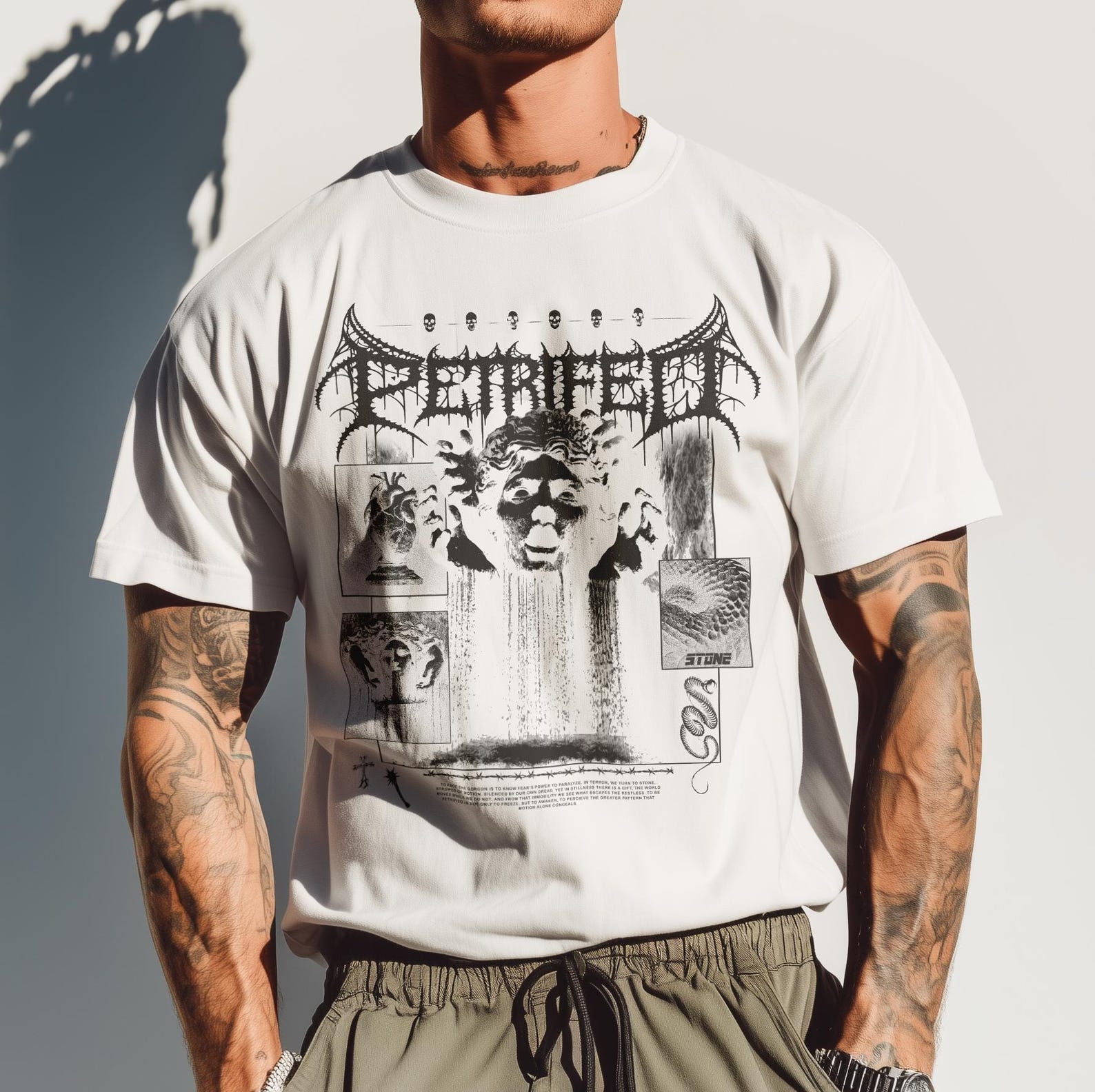 Medusa Snakes Skulls Petrified T-Shirt, Brutalism Streetwear, Alternative, street fashion, Greek Mythology, Concert Festival Tee L