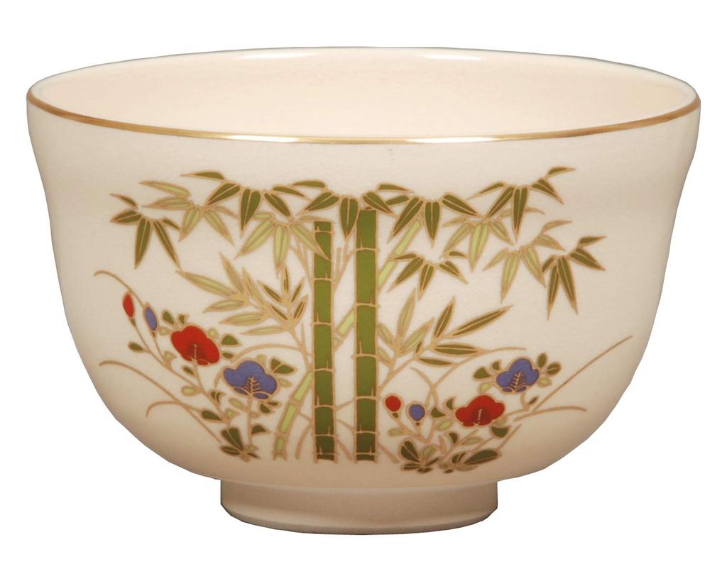 Miyachi Eikou Matcha Bowl, White, Size: Diameter 12.4cm X Height 7.8cm, Ninsei Bamboo Forest Design, Paper Box