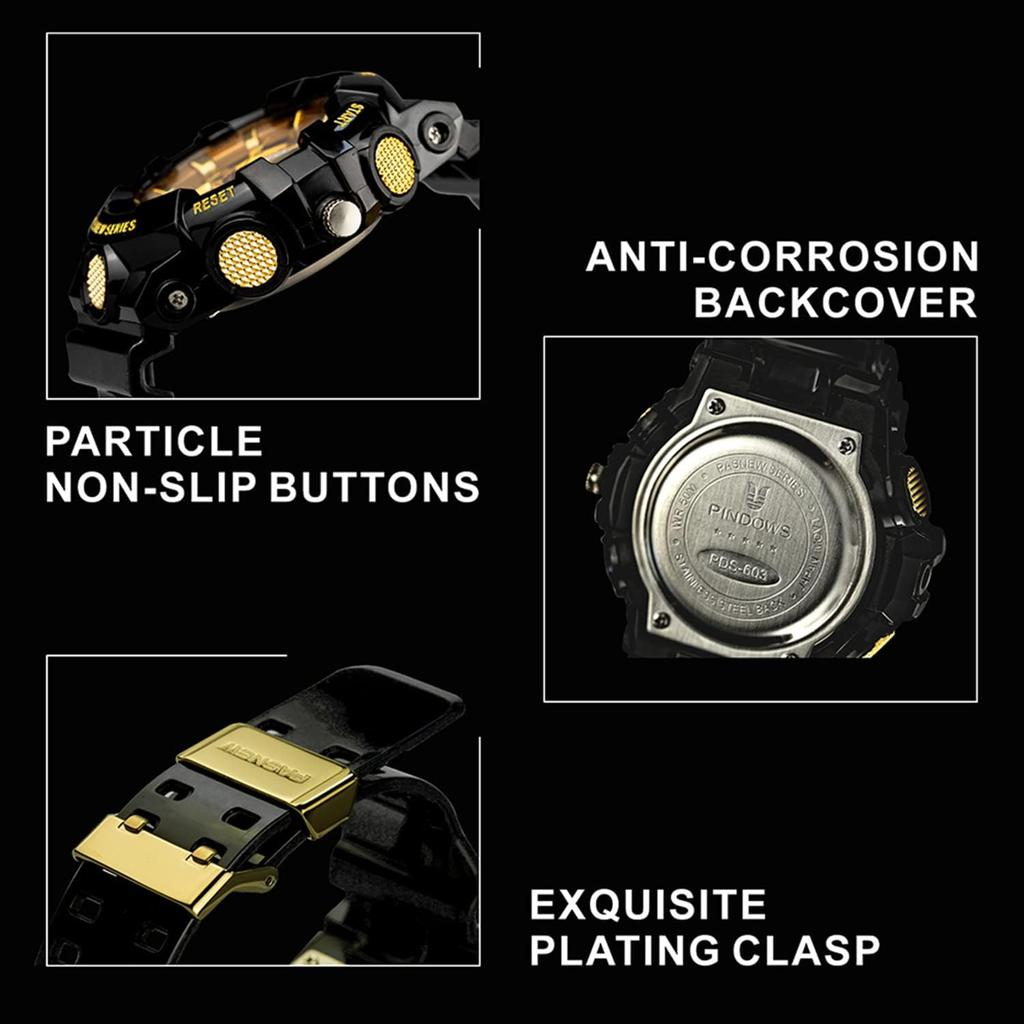 PINDOWS Military Outdoor Sports Electronic Watch with Date LED Alarm and 50m Water Resistant Display Men's Watch, Function, Stopwatch, Analog-Digital