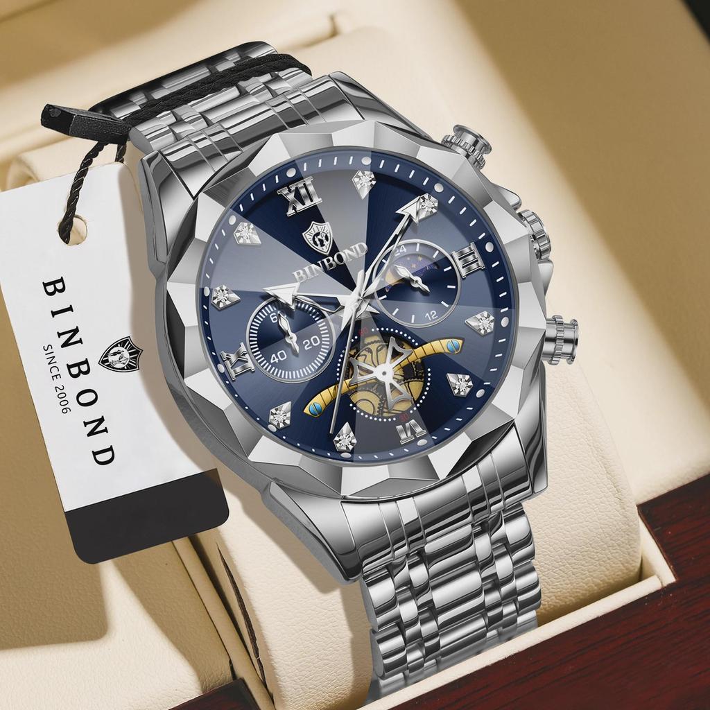 BINBOND Luxury Men Watch Top Original Waterproof Luminous Chronograph Man Wristwatch Stainless Steel Quartz Watches