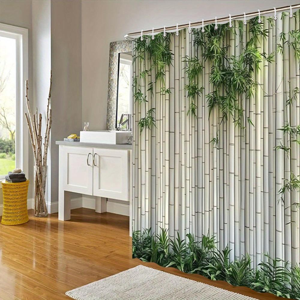 Tenda da Doccia Moderna in Bambù - Listelli Bianchi e Motivo con Piante Verdi, Design Paesaggistico Texturizzato, Poliestere Resistente all'Acqua