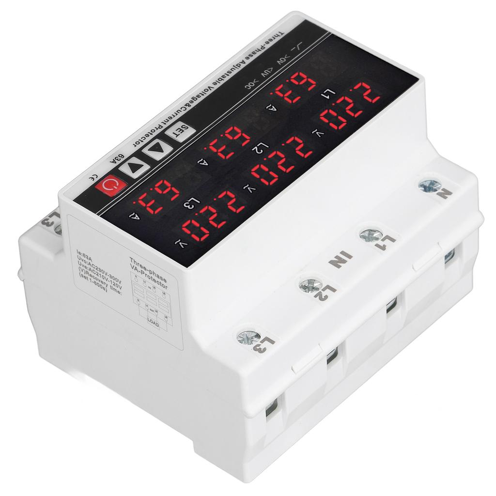 Undervoltage Protector DIN Rail Adjustable Overcurrent Protector AC120V‑300V 63A 3 Phase 3 Wire 4 Wi