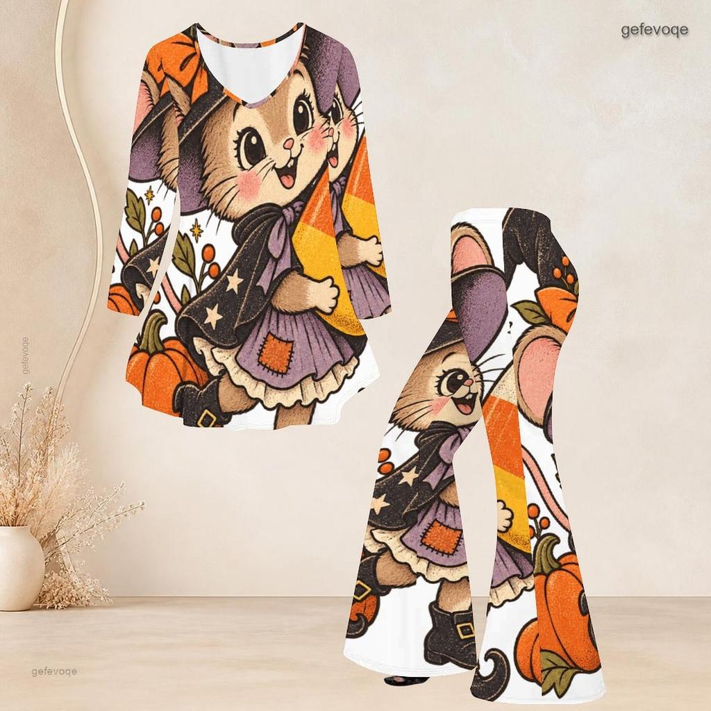 Women Plus Size Two Piece Set Round Neck Three Quarter Sleeve Bear Pumpkin Printed Flared Top And Flared Pants