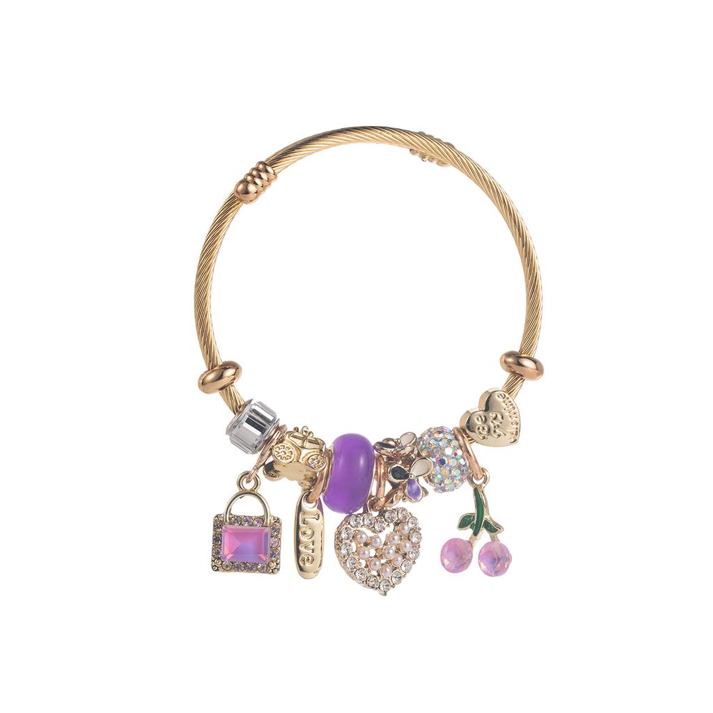 Jewelry Fashionable Golden Stainless Steel Bracelet Women Featuring Minimalist Beaded Design Heart-and-Cherry Zircon