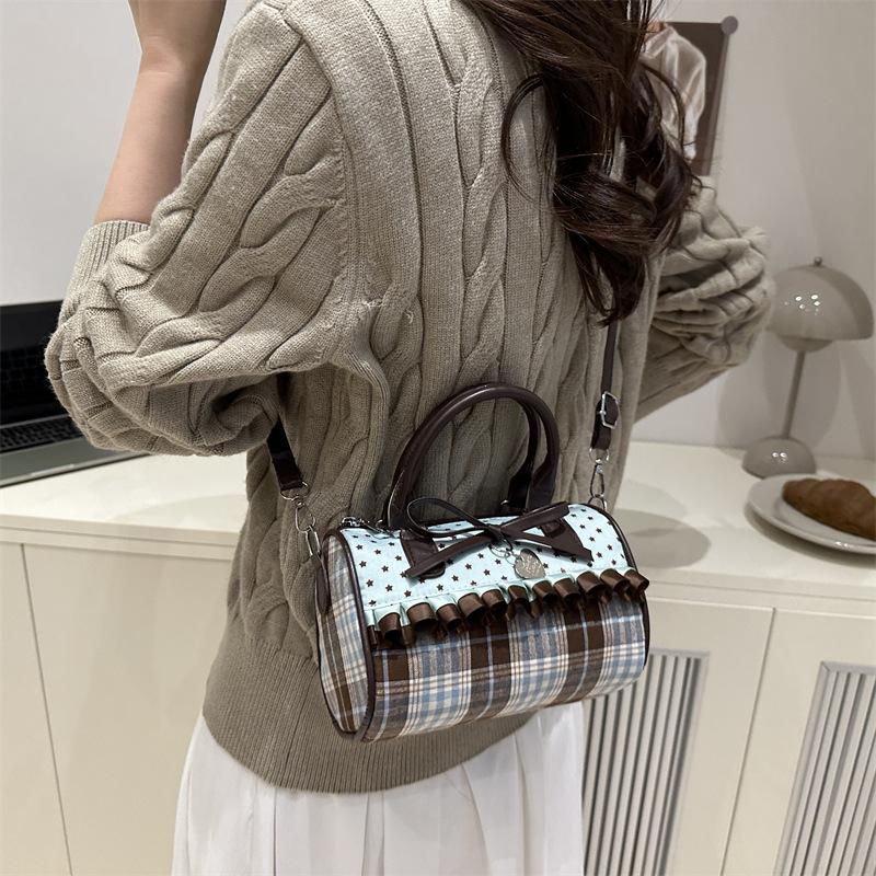 Sweet Bow Girls Crossbody Pillow Bags Versatile Vintage Plaid Ladies Shoulder Bag Lightweight Portable Women Handbag Purse