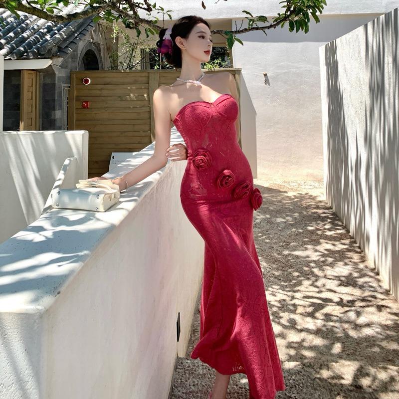 

French Stunning Three-dimensional Flower Tube Top Dress, Sexy Slim Dress, Fishtail Hip Wrap Dress L рожевий червоний колір