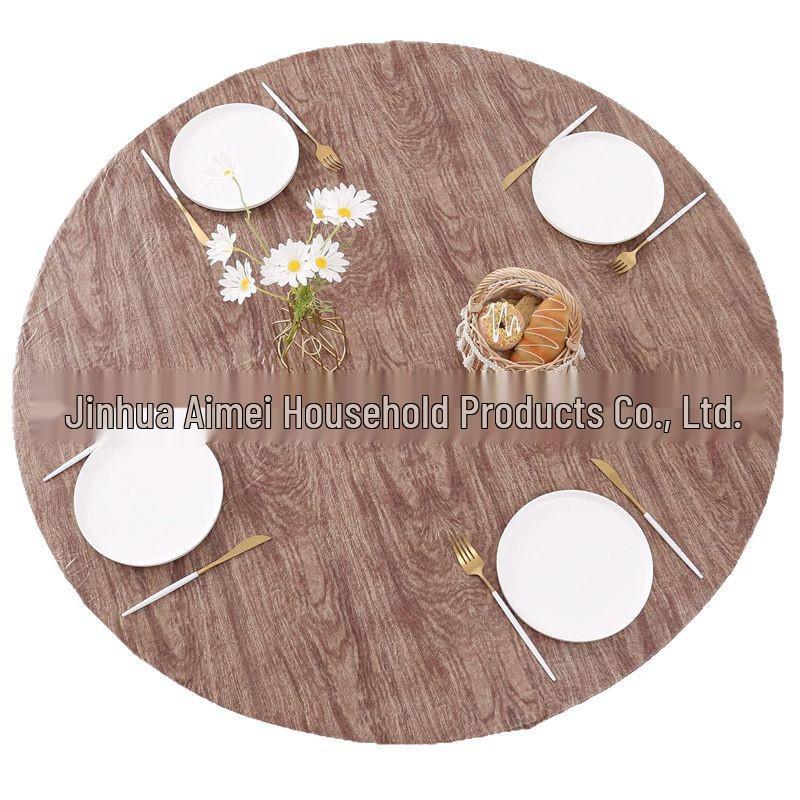 Waterproof Round PVC Table Cover with Wood Grain and Flannel Backing for Patio or Picnic Use
