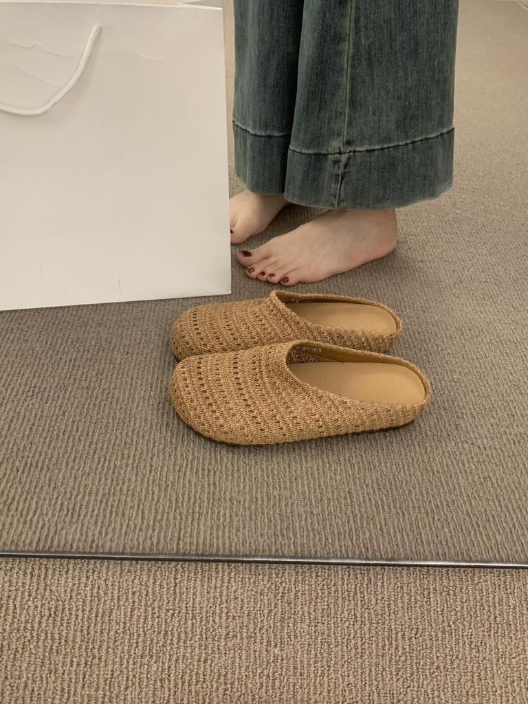 French Niche Hand-woven Hollow Breathable Bag Head Half Slippers Women's Summer Wear Roman Style Thick-soled Muller Shoes