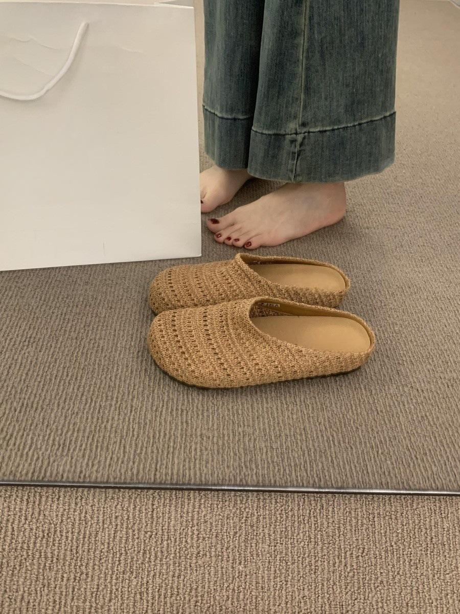 

French niche hand-woven hollow breathable bag head half slippers women s summer wear Roman style thick-soled Muller shoes 40