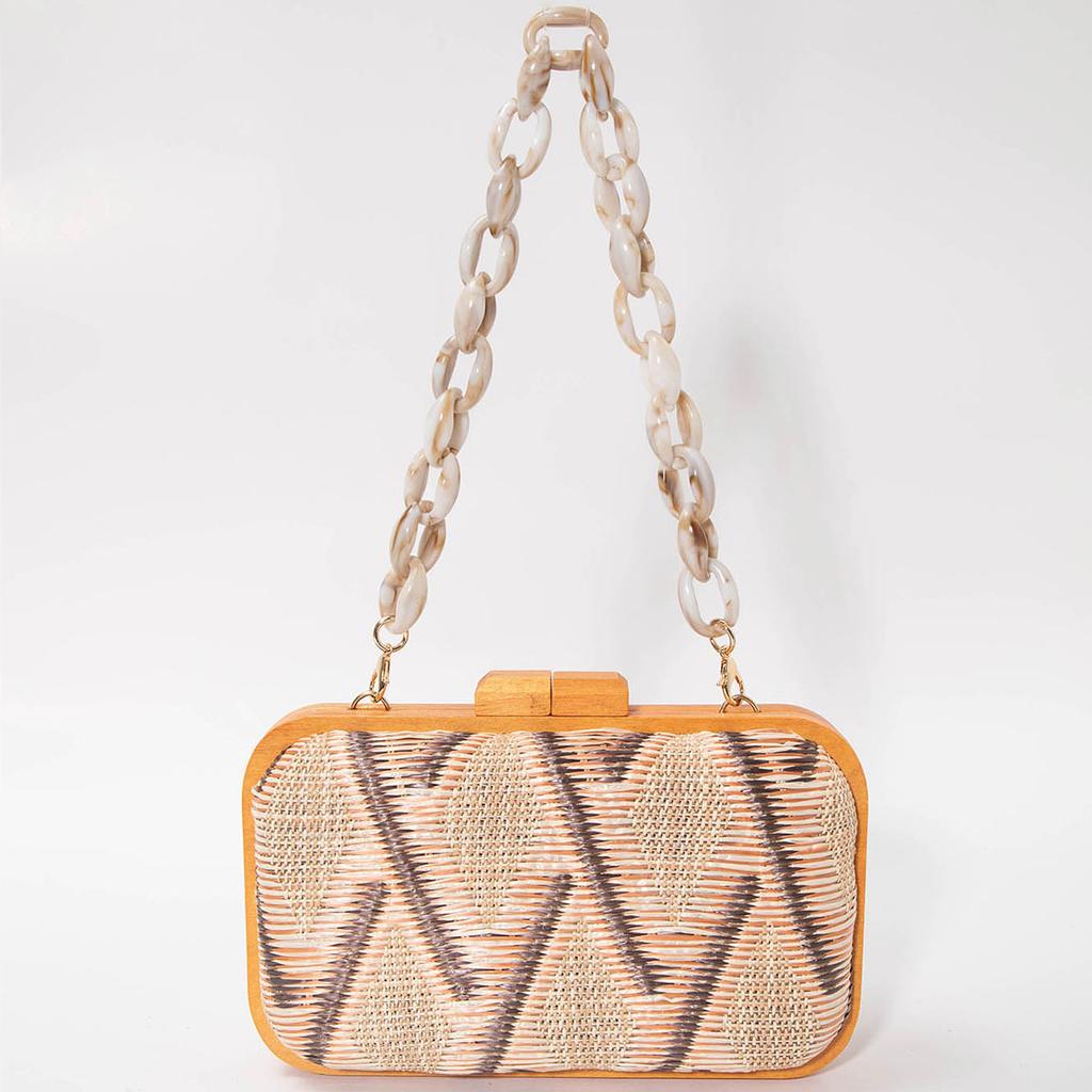 Modische Holzclip-Kupplungstasche für Damen Acrylketten Damen-Schultertaschen Geometrische Muster Handtaschen Sommer Strandparty-Portemonnaies