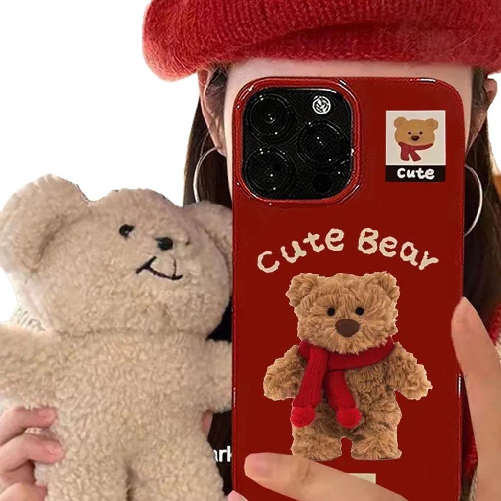 Burgundy Jelly Shell Cute Bear Mobile Phone Case Protective Cover with Lanyard Hole Silicone Solid Color Tpu Protective Cover