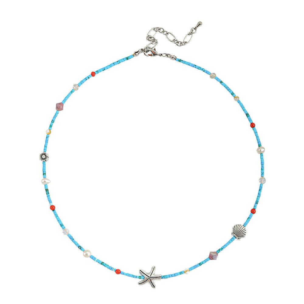 GEMCHIC Women's Summer Starfish Vacation Style Colorful Natural Stone Beaded Necklace with Natural Pearl