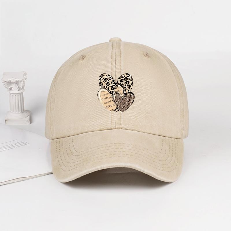 MLFO Three Leopard-print Heart-patterned Washed Baseball Caps: Unisex Casual Style, Retro Sun Hats, Fashionable Headwear