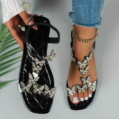 Flache Sandalen für Damen mit Strass-Schmetterlingsdekor, lässige Sommerschuhe mit offener Spitze, leichte Sandalen mit Gummiband