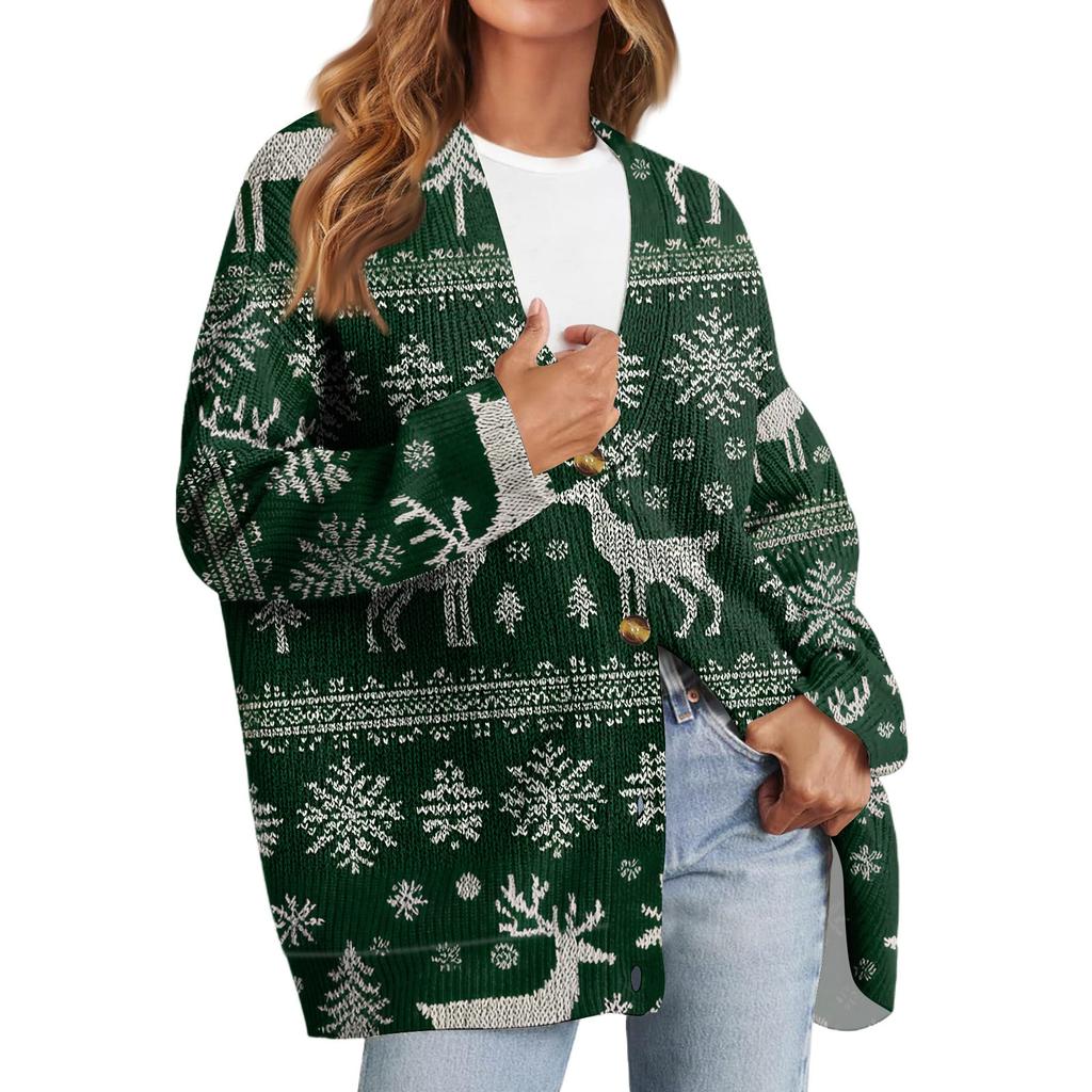 Women's Fashion Long Sleeve Christmas Print V-Neck Button Loose Cardigan Top