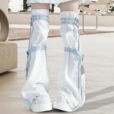 Yousheng 1 Pair Hot Girls Leg Warmers Adjustable Belt Chain Decor Piled Socks Hip Hop Streetwear Star Print Leggings Contrast Color Anti-slip