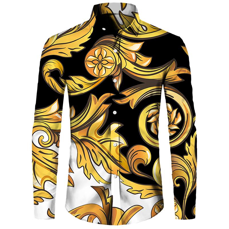 Golden Flower Pattern Print Men's Shirts Casual Single-Breasted Cardigan Long Sleeve Shirt Fashion Trend Tops Men Clothing