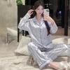 Spring Summer Purple Striped Pajamas Set for Women Sleepwear Long Sleeve Button Top and Long Pants Set Homewear Loungewear