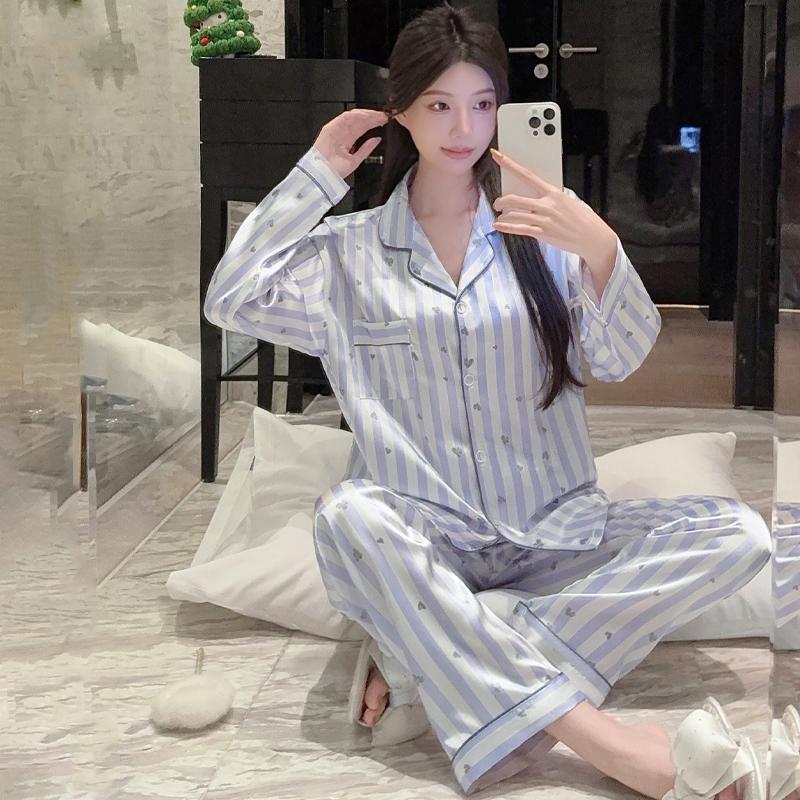 Spring Summer Purple Striped Pajamas Set for Women Sleepwear Long Sleeve Button Top and Long Pants Set Homewear Loungewear