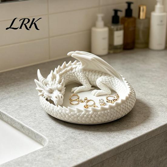 Dark Gothic Home Decor 3D Printed Fantasy Dragon Jewelry Tray, Winged Desktop Organizer, Style Key Dish Mythical Figurine Bowl for Bedside Nightstand,