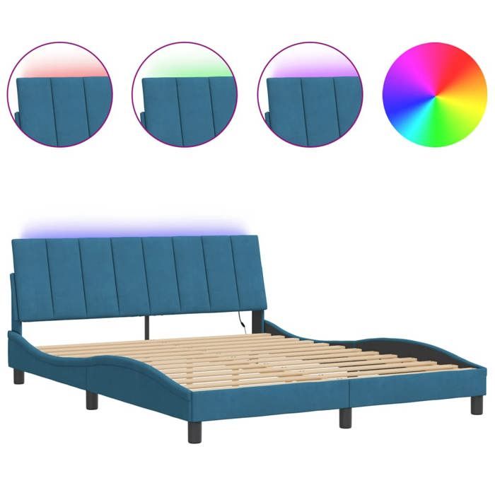 VidaXL Bed Frames with LED Lights, Upholstered Bed with Slat Base, Double Bed, Adult Bed, Modern, Blue 160x200 Cm 3213791
