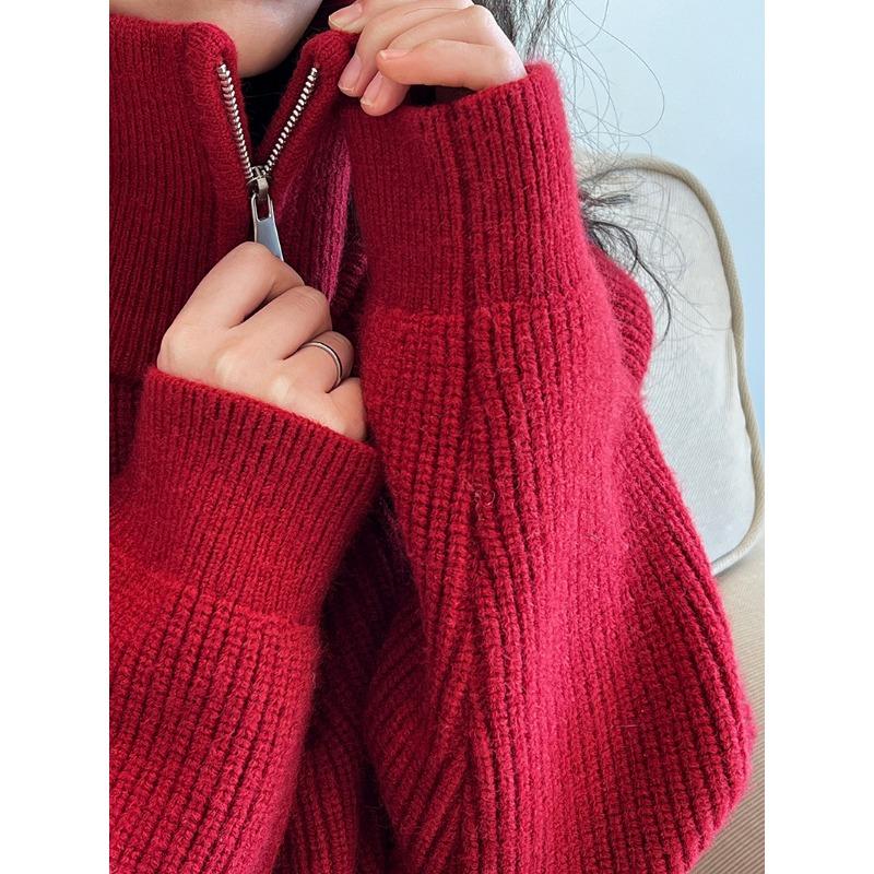 Herbst Winter Stehkragen Reißverschluss Pullover Damen Locker Lässig Alleskönner Einfarbig Unterteil Strickoberteil