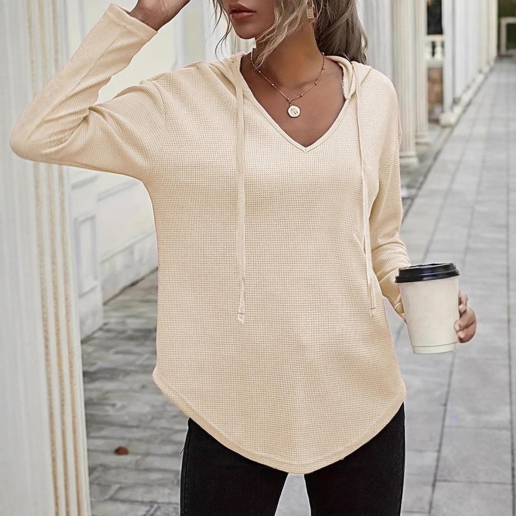Women's V-Neck Long Sleeve Hoodie - Casual Pullover Sweatshirt for Daily Wear
