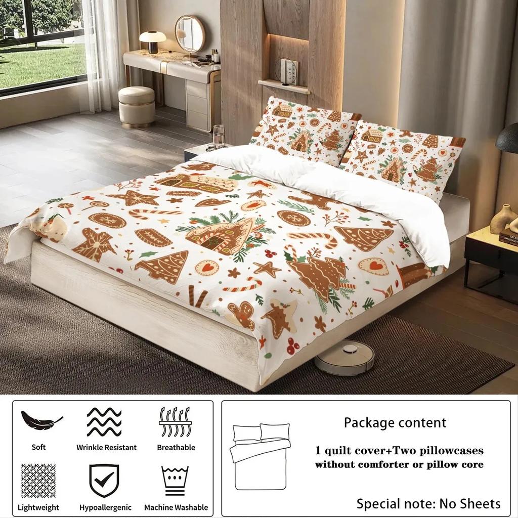 Christmas Cottage Gingerbread Man Brown Print Quilt Cover with Pillowcases Skin-friendly Warm Soft Breathable Bedding Set