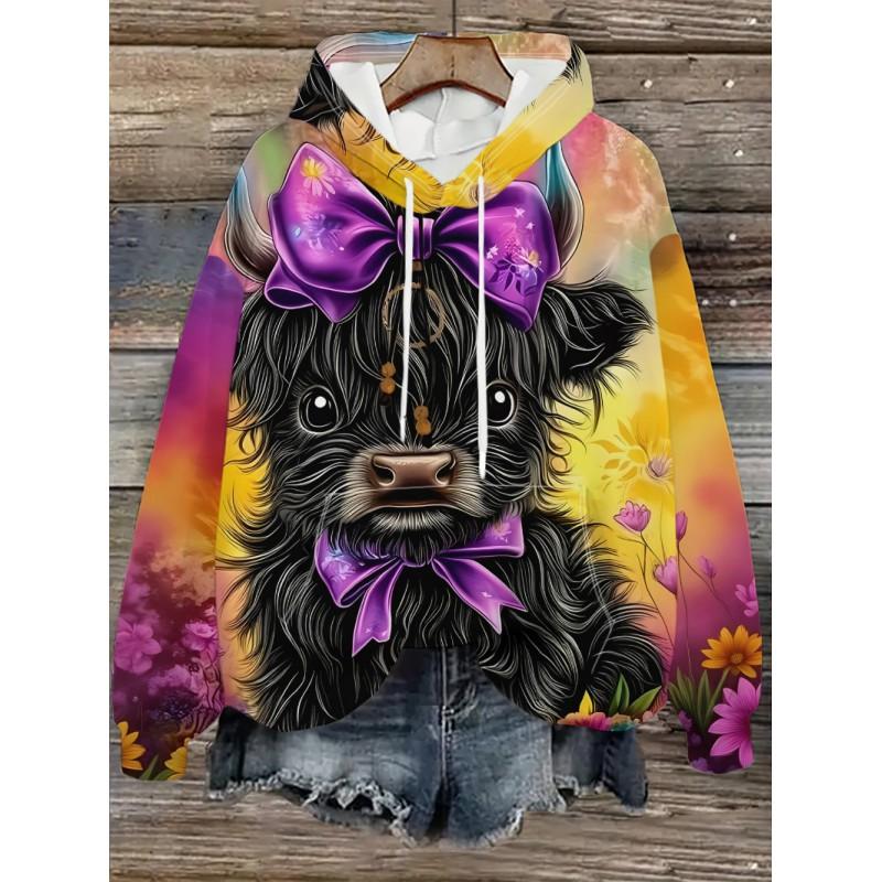Womens Oversized Hooded Sweatshirt With Cartoon Animal Print Casual Streetwear Top Fall 2025