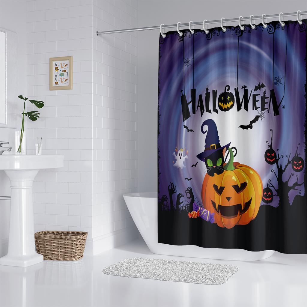 1pc Halloween Pumpkin Print Waterproof Shower Bathe Partition Privacy Hanging Curtain 12 Hooks Multiple Sizes Easy Installation