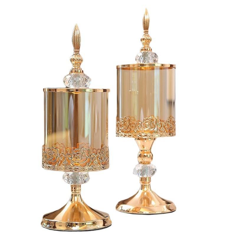 2PCS light luxury crystal glass with lid storage tank home living room coffee table rose lace candy jar storage decorative ornament gold small size 1130 2670₽