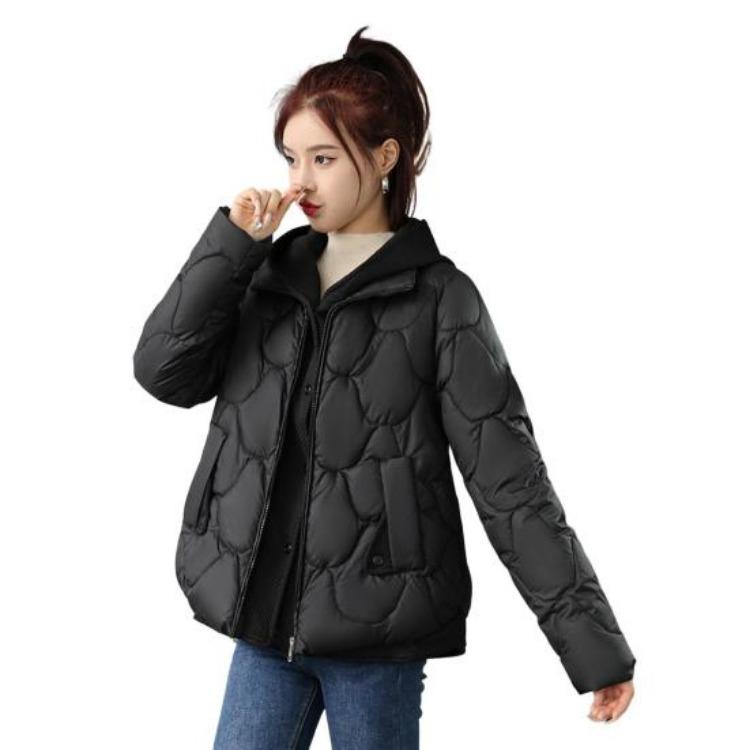 Winter Women Coat Short Thin Padded Hooded Turn Down Collar Pure Color Fake Two Piece Zipper Button Closure Down