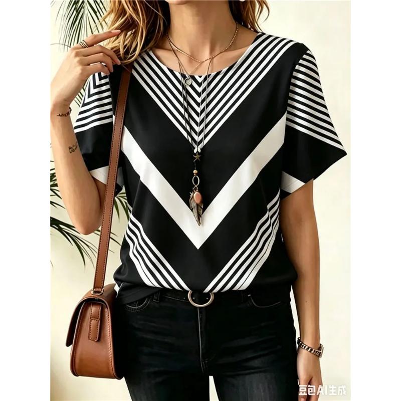 Moda Donna Girocollo Manica Corta Stampa Colore 3D Casual T-shirt Casual a Manica Corta Girocollo