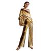 D9713 Women's Casual Satin Print One-Shoulder Top & Long Pants Two-Piece Set