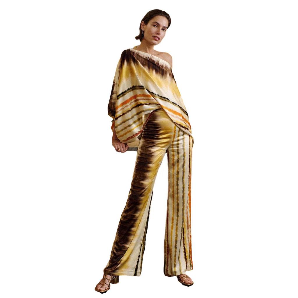 D9713 Women's Casual Satin Print One-Shoulder Top & Long Pants Two-Piece Set